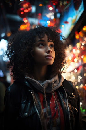 Young woman with curly hair gazing up, surrounded by bokeh lightsの素材