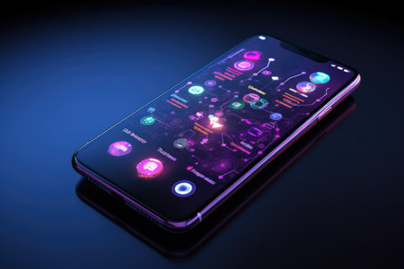 A smartphone displaying a colorful, advanced holographic interfaceの素材