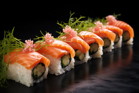 Artistic presentation of salmon nigiri sushi with delicate garnishの素材