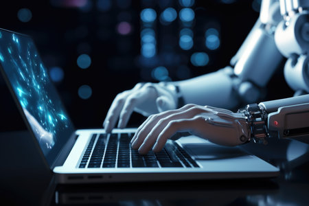 Robot hands typing on a laptop, symbolizing AI technology and intelligenceの素材