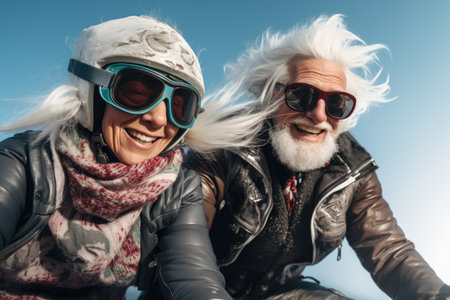 Senior couple with white hair enjoying a motorbike ride under the blue skyの素材