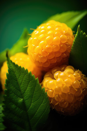 Vibrant yellow berries with water droplets, nestled among green leavesの素材