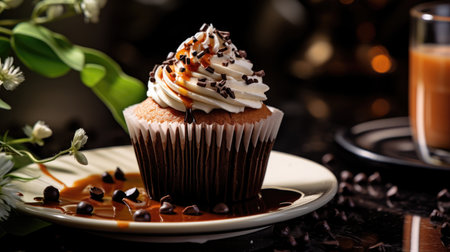 Elegantly presented coffee-flavored cupcake with whipped topping and chocolate sprinklesの素材