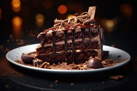 Layered chocolate cake with drizzled icing and chocolate shavings on a white plateの素材