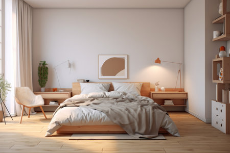 A neatly arranged bedroom with a modern minimalist aestheticの素材