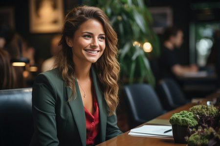 Confident young woman with a smile, seated in a cafe environmentの素材