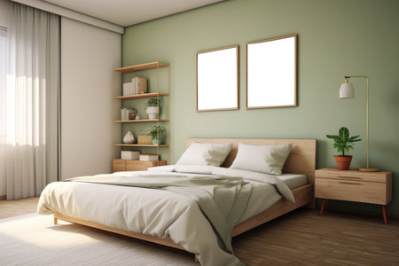 Cozy bedroom with wooden furniture and green walls bathed in natural lightの素材