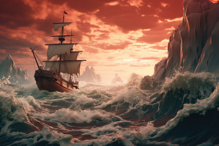 A historic galleon battles tempestuous waves amidst a fiery sunsetの素材