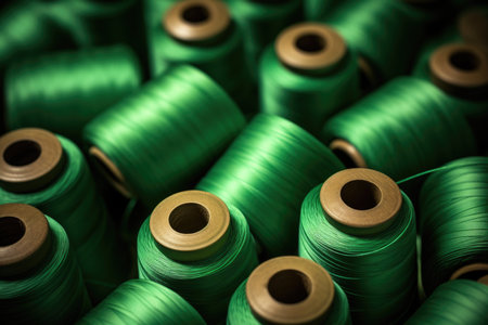 Many green spools of thread in close-up viewの素材