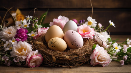 A rustic Easter nest with a mix of natural and speckled eggs among soft pastel flowersの素材