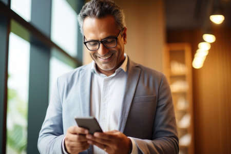 Smiling mature businessman in glasses using a smartphone in an office settingの素材