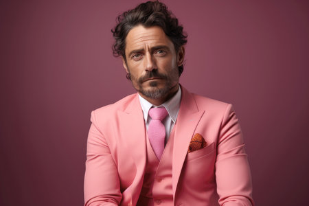 Sophisticated mature man posing in a stylish pink suit with textured tieの素材