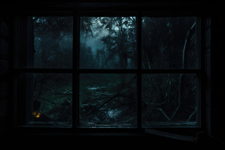 Dark and moody view of a dense forest from a cabin window at nightの素材