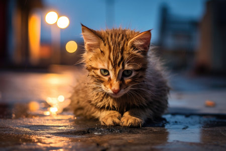 A small wet kitten looks forlorn on a cobblestone street at duskの素材