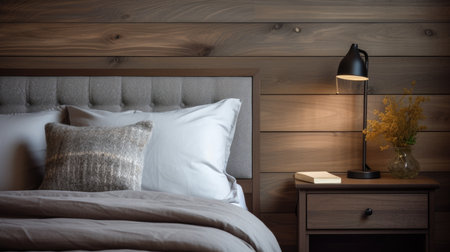 A bedroom stylish corner featuring a warm lamp light and a cozy, textured pillowの素材