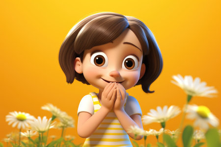 Cheerful animated girl in a striped shirt, delighted among white daisiesの素材