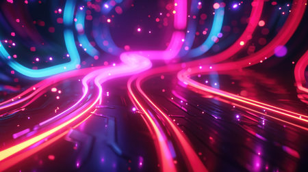 Abstract neon light trails with pink and blue hues in darknessの素材
