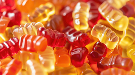 Colorful gummy bears candy background in bright red, orange, and yellowの素材