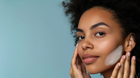 Young Black woman applying cream on her faceの素材