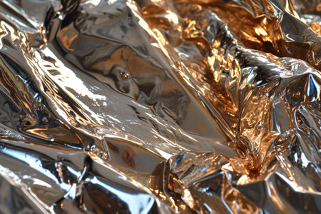 Close-up of crinkled bronze foil reflecting lightの素材