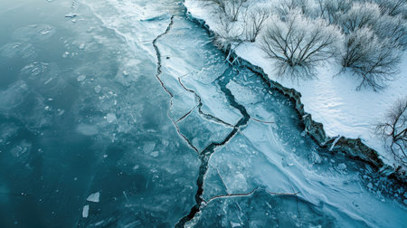 Ice Crack on Frozen Lake view from aboveの素材