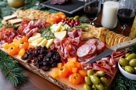 A rich selection of meats, cheeses, and fruits on a wooden board, perfect for holiday gatheringsの素材