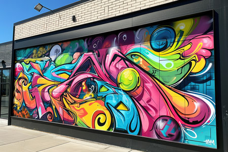 Vibrant street art graffiti covering building facadeの素材