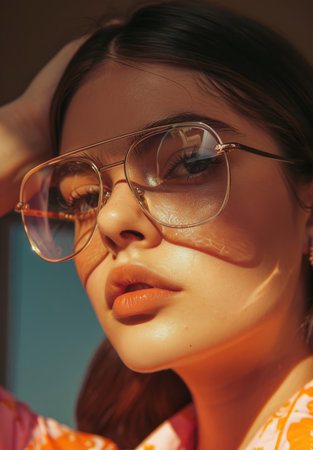 Close-up of a young woman wearing glasses with reflected sunlightの素材