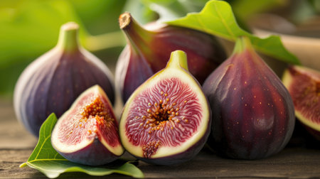 Ripe figs with vibrant interiors on a rustic wooden tableの素材