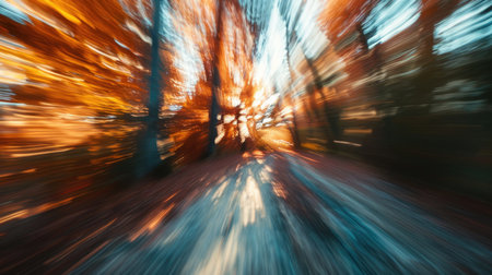 High-speed motion blur of an autumn forest road, conveying a sense of speedの素材