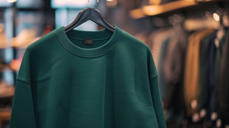 A close-up of a green sweater on a hanger in a shopの素材
