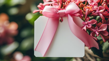 A white tag with a pink ribbon, surrounded by vibrant pink flowersの素材