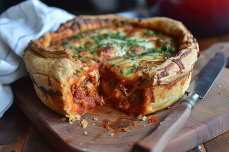 Chicago-style deep dish pizza with gooey cheese pull, garnished with parsley, on a rustic wooden boardの素材