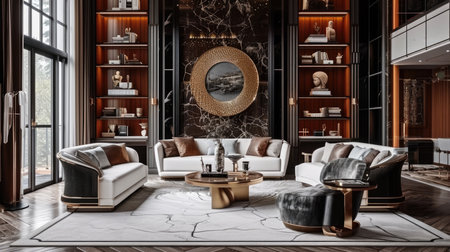 Opulent lounge area with rich wooden bookshelves and plush seatingの素材