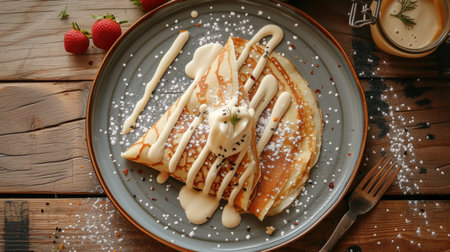 Sweet crepes drizzled with cream, garnished with strawberries on rustic tableの素材
