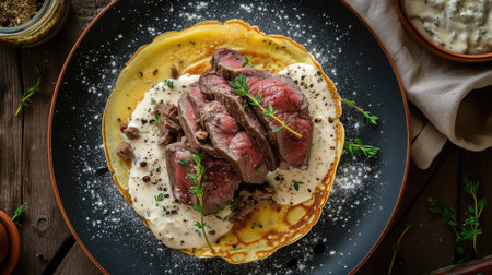 Savory crepes filled with tender beef slices, topped with a creamy pepper sauceの素材