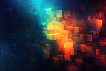 3D cubes floating in blue-orange gradient, abstract designの素材
