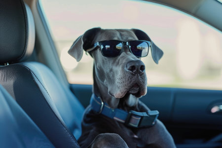 Cool dog with sunglasses enjoying a car rideの素材