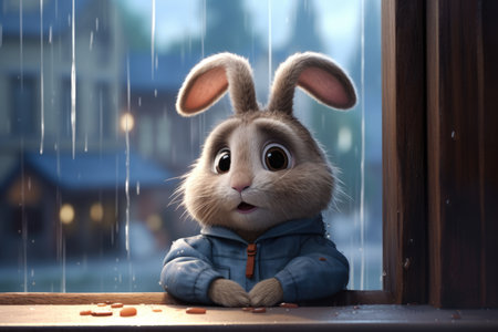An animated rabbit looks out as rain pours down, a sense of wonder in its eyesの素材