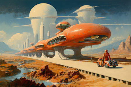A vibrant sci-fi painting of a futuristic train at a desert station with a figure on a motorcycleの素材