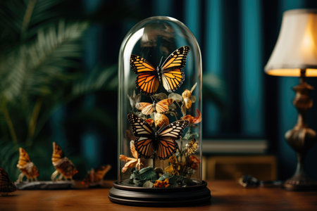 Vibrant monarch butterflies arranged under a glass domeの素材