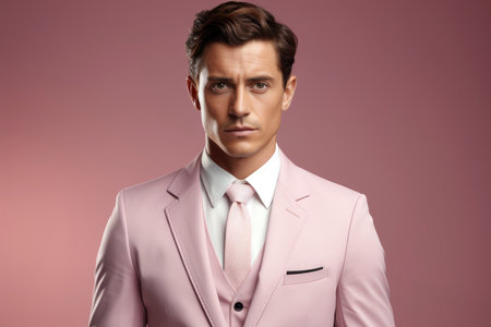 Portrait of a serious man dressed in a trendy pink suit and tieの素材