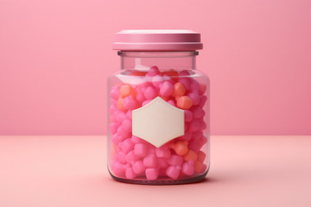 Glass jar with pink candies and a blank label, on a soft pink backgroundの素材