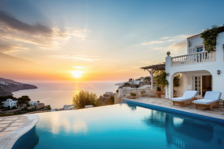 Elegant seaside villa with infinity pool overlooking a sunset on the oceanの素材