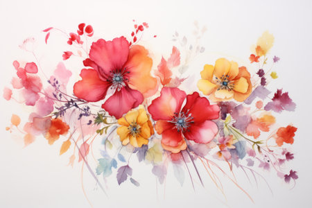"Vivid red and orange watercolor flowers with delicate leaves on a white backgroundの素材