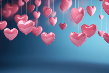 Pink heart balloons hang against a soft blue backdrop, creating a romantic atmosphereの素材