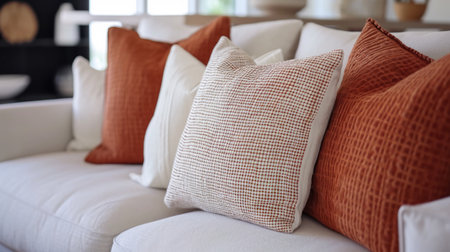 Close view of textured pillows on a cozy sofa in a bright roomの素材