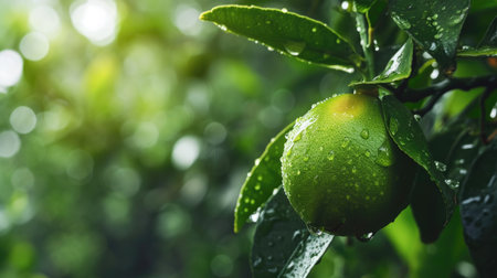 Close-up of a green lime with water droplets on surfaceの素材