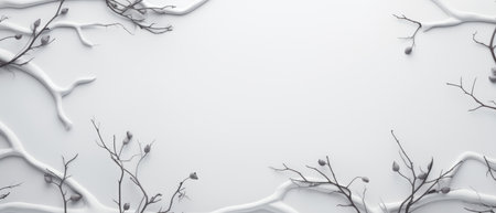 A serene, minimalist arrangement of twigs and buds spread on a white backgroundの素材