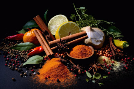Colorful array of spices and herbs, with citrus highlights on blackの素材